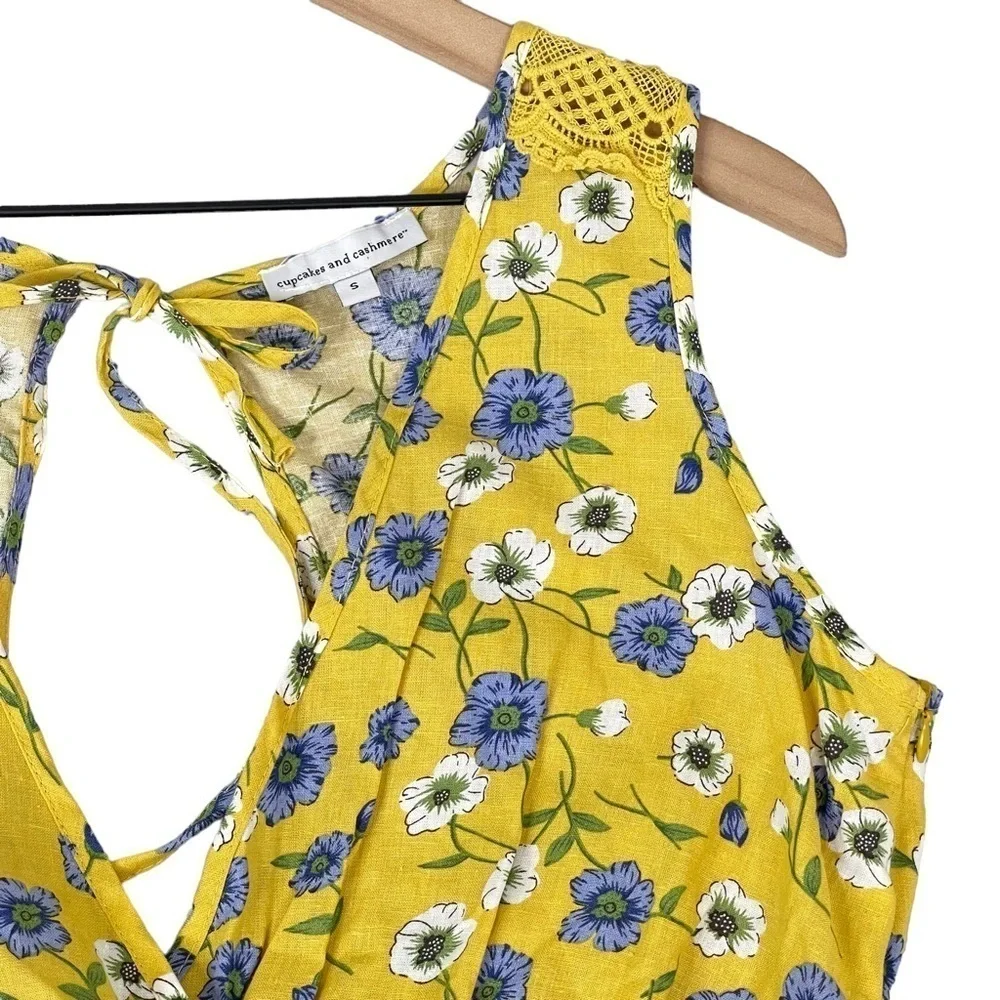 Cupcakes and Cashmere Floral Top Small Yellow Keyhole Open Back Linen Blend - Picture 3 of 16